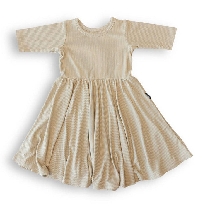 Mid Sleeve Twirl Dress- Mushroom Ribbed