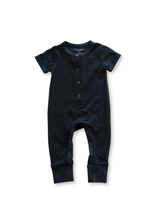 Short Sleeve Henley Romper - Off-Black